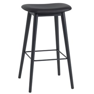 Muuto Fiber Wood Gestoffeerde Barkruk 75cm Zwart Leer