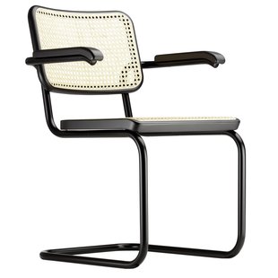 Thonet S64 V Stoel Gevlochten Riet Met Armleuningen Zwart Gebeitst Onderstel Zwart