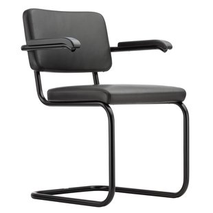 Thonet S64 PV Stoel Leer Met Armleunigen Nero Zwart Gebeitst Onderstel Zwart