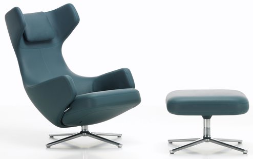 Vitra Grand Repos Loungestoel Met Ottoman Leder Premium Smoke Blue