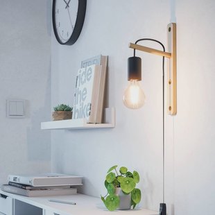 EGLO Pockley wandlamp, projectie 16 cm, zwart/hout, hout