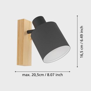 EGLO Batallas wandspot, breedte 10 cm, zwart/hout, stof