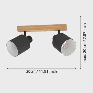 EGLO Batallas plafondspot, lengte 30 cm, zwart/hout, 2-lamps.