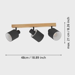 EGLO Batallas plafondspot, lengte 48 cm, zwart/hout, 3-lamps.