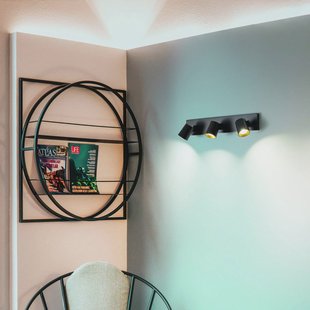 Fabas Luce Modo spot, 3-lamps, zwart, decoratieve ringen, GU10, aluminium