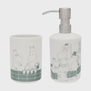 Moomin Arabia Moomin zeepdispenser en tandenborstelhouder Badstund groen-wit