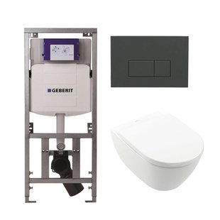 Villeroy Boch Subway 2.0 DirectFlush Toiletset - softclose - geberit reservoir - qeramiq bedieningsplaat bedieningsplaat antraciet mat - rechthoekige knoppen - wit 0701131/ga26028/SW729014/SW1182666/SW1102377