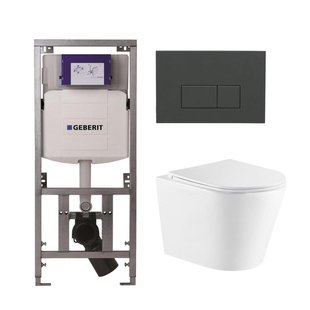 QeramiQ Dely Toiletset - 36.3x51.7cm - diepspoel - rimless - Geberit UP320 inbouwreservoir - met Burda frame - softclose toiletzitting - bedieningsplaat antraciet mat - rechtehoekige knoppen - wit glans SW1159504/0701131/SW1102377/SW1026255