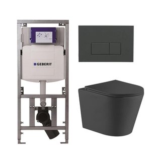 QeramiQ Dely Toiletset - 36.3x51.7cm - diepspoel - rimless - Geberit UP320 inbouwreservoir - met Burda frame - softclose toiletzitting - bedieningsplaat antraciet mat - rechtehoekige knoppen - mat zwart SW1026253/0701131/SW1102377/SW1000768
