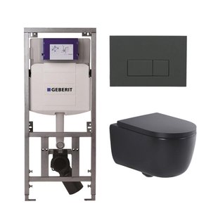 QeramiQ Dely Swirl Toiletset - 36.3x51.7cm - Geberit UP320 inbouwreservoir - met Burda frame - slimzitting - bedieningsplaat antraciet mat - rechthoekige knoppen - mat zwart 0701131/SW1102377/SW1000768/SW1026258