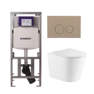 QeramiQ Dely Toiletset - 36.3x51.7cm - diepspoel - rimless - Geberit UP320 inbouwreservoir - met Burda frame - softclose toiletzitting - bedieningsplaat taupe - ronde knoppen - wit glans SW1026255/0701131/SW1102378/SW1159504