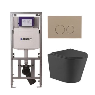 QeramiQ Dely Toiletset - 36.3x51.7cm - diepspoel - rimless - Geberit UP320 inbouwreservoir - met Burda frame - softclose toiletzitting - bedieningsplaat taupe - ronde knoppen - zwart mat SW1026253/0701131/SW1102378/SW1000768