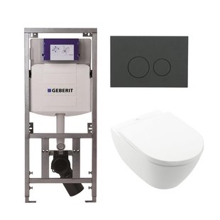 Villeroy Boch Subway 2.0 DirectFlush Toiletset - geberit reservoir - bedieningsplaat mat antraciet - ronde knoppen - softclose - wit 0701131/0124060/SW1102376/ga26028/