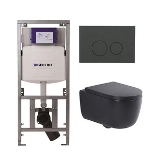 QeramiQ Dely Swirl Toiletset - 36.3x51.7cm - Geberit UP320 inbouwreservoir - met Burda frame - 35mm zitting - bedieningsplaat mat antraciet - ronde knoppen - mat zwart 0701131/SW1102376/SW1000769/SW1026258