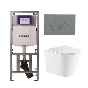 QeramiQ Dely Toiletset - 36.3x51.7cm - diepspoel - rimless - Geberit UP320 inbouwreservoir - met Burda frame - softclose toiletzitting - bedieningsplaat licht grijs - ronde knoppen - wit mat SW1026254/0701131/SW1102374/SW1000766
