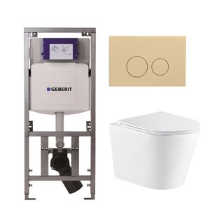 QeramiQ Dely Toiletset - 36.3x51.7cm - diepspoel - rimless - Geberit UP320 inbouwreservoir - met Burda frame - softclose toiletzitting - bedieningsplaat beige - ronde knoppen - wit glans SW1026255/0701131/SW1102365/SW1159504