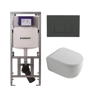 QeramiQ Dely Swirl Toiletset - 36.3x51.7cm - Geberit UP320 inbouwreservoir - met Burda frame - 35mm zitting - bedieningsplaat antraciet mat - rechthoekige knoppen - wit glans 0701131/SW1102377/SW1000767/SW1026256