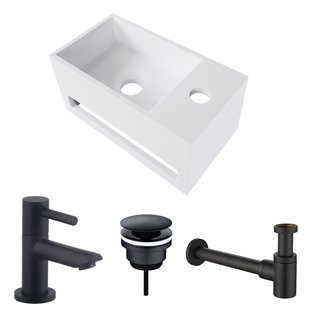 Fonteinset BWS Solid Surface Met Handdoekhouder Rechts Mat Wit Mat Zwart