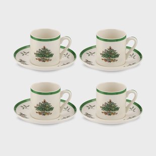 Spode Christmas Tree espressokopje en schotel 9 cl 4-pack White-green-red