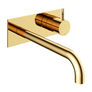 Inbouw Wastafelkraan Met Achterplaat Hotbath Cobber 25cm Gebogen Uitloop 1-Hendel Gepolijst Messing PVD