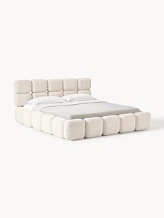 Gestoffeerd bed Tayla van teddy boucl&eacute; met opbergruimte