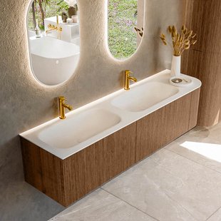 Mondiaz KURVE 175 cm Onderkast Greeploos 2 Lades Met Deuren Walnut, Wastafel Solid Surface Links Talc 2 Kraangaten Zonder Spiegel (KRVBGS175R2L1D2KD-Wal/Tal)