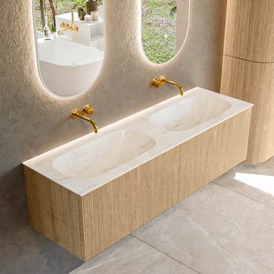 Mondiaz KURVE-DLUX 150 cm Onderkast Greeploos 2 Lades Zonder Deuren Oak, Wastafel Solid Surface Dubbel Ostra 0 Kraangaten Zonder Spiegel (KRVSTS1502L0D0KD-Oak/Ost)