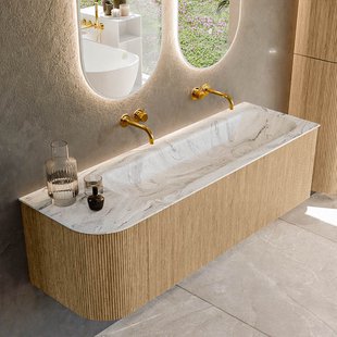 Mondiaz KURVE-DLUX 145 cm Onderkast Greeploos 1 Lade Met Deuren Oak, Wastafel Solid Surface Rechts Glace 0 Kraangaten Zonder Spiegel (KRVBGL145L1L1D0KR-Oak/Gla)