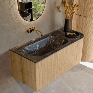 Mondiaz KURVE-DLUX 105 cm Onderkast Greeploos 1 Lade Met Deuren Oak, Wastafel Solid Surface Links Lava 0 Kraangaten Zonder Spiegel (KRVBGS105R1L1D0KL-Oak/Lav)