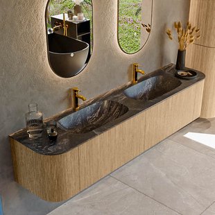 Mondiaz KURVE-DLUX 200 cm Onderkast Greeploos 2 Lades Met Deuren Oak, Wastafel Solid Surface Dubbel Lava 2 Kraangaten Zonder Spiegel (KRVSTS200L+R2L2D2KD-Oak/Lav)