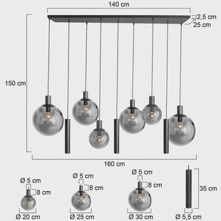 Steinhauer Bollique hanglamp, zwart, 9-lamps lang, glas, metaal