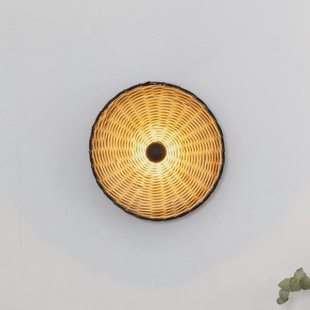 FARO BARCELONA Costas wandlamp, zwart/licht hout, rotan, Ø 40 cm