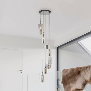 Searchlight Linnen hanglamp, 9-lamps, chroom/rookkleurig, glas, G4