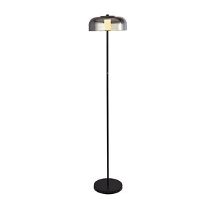 Searchlight Frisbee - staanlamp - 147 cm - 15W dimbare LED incl. - mat zwart en gerookt glas