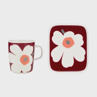 Marimekko Unikko 60-jarig jubileum mok 25 cl + bord 12x15 cm White-dark cherry-ash grey