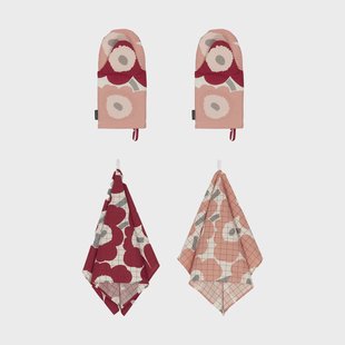 Marimekko Pieni Unikko theedoek+ovenwant 4-delig Cotton-dark cherry-rose
