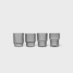 ferm LIVING Glas Ripple, grijs, 200 ml, mondgeblazen, set van 4