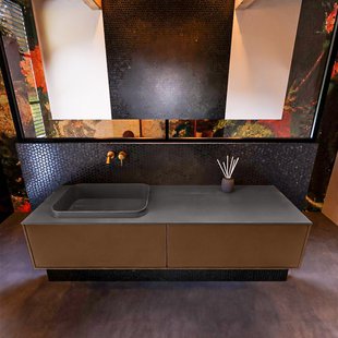Badkamermeubelset Mondiaz Erin 150 cm met 2 Lades met RIDGE Wastafel Links Dark grey Zonder Kraangaten Greeploos Mat Rust