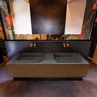 Badkamermeubelset Mondiaz Erin 150 cm met 2 Lades met RIDGE Wastafel Dubbel Dark grey Zonder Kraangaten Greeploos Mat Rust