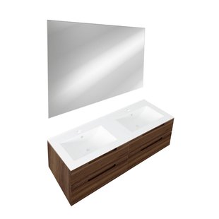 Saniclass Prime Balance Badkamermeubelset - 120x55x45cm - 2 rechthoekige keramische wasbakken wit - 2 kraangaten - 4 lades - rechthoekige spiegel - noten SW724613/SW804533/SW1027164 x2