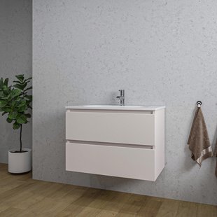 Adema Chaci Badkamermeubelset - 80x46x57cm - 1 ovale keramische wasbak wit - 1 kraangat - 2 lades - mat cotton (beige) SW718717/SW1212765