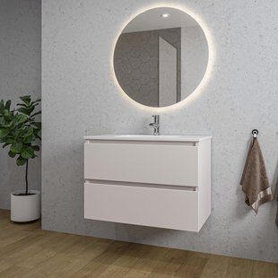Adema Chaci Badkamermeubelset - 80x46x55cm - 1 keramische wasbak wit - 1 kraangat - 2 lades - ronde spiegel met verlichting - mat cotton (beige) SW1212765/SW804531/SW108328
