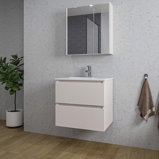 Saniclass Chaci Badkamermeubelset - 60x46x55cm - keramische wastafel wit - 1 ovale wasbak - 1 kraangat - 2 lades - spiegelkast - mat cotton (beige) SW1212815/SW892634/SW718716/SW1212761
