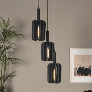 Lucide Rafal hanglamp van textiel, Ø 30 cm, grijs, hoekig, 3-lamps