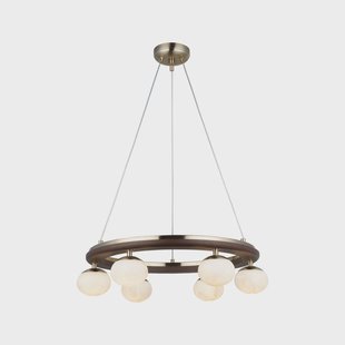 Lucea Tolosa hanglamp, Ø 52 cm, messing, 6-lamps, glas, hout