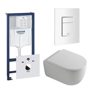 QeramiQ Dely Swirl Toiletset - 36.5x53cm - Grohe Rapid inbouwreservoir - 35mm zitting - witte bedieningsplaat - rechthoekige knoppen - glans wit 0720003/0729205/SW1000767/SW1026256