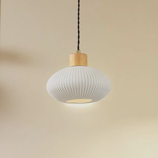 Lindby hanglamp Paulie, Ø 23 cm, keramiek, hout, wit