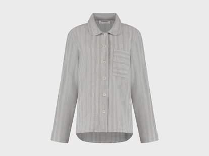 Yumeko Pyjamashirt dames flanel light grey/white stripe XL 100% biologisch katoen, flanel (licht geborsteld)