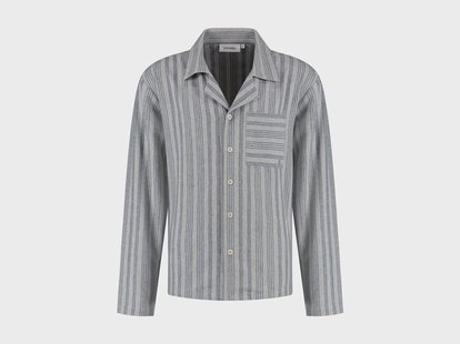 Yumeko Pyjamashirt heren flanel light grey/blue stripe 100% biologisch katoen, flanel (licht geborsteld)