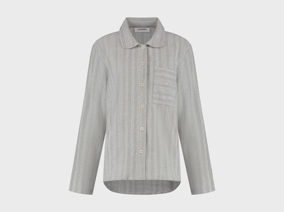 Yumeko Pyjamashirt dames flanel light grey/white stripe 100% biologisch katoen, flanel (licht geborsteld)
